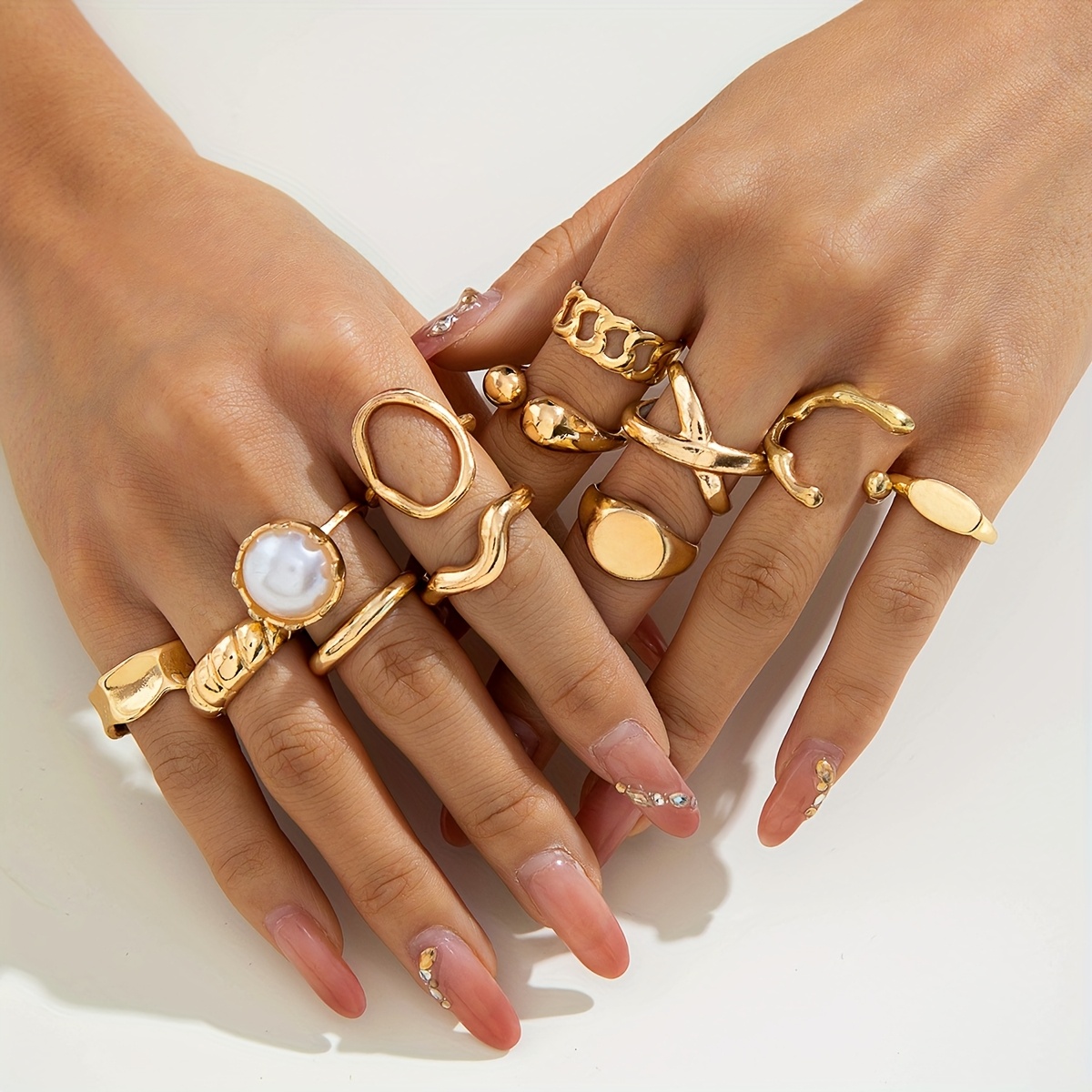 Image of 12pcs Fashion Inlaid Metal Geometric Irregular Opening Ring Set Suitable For Party And Party Gifts Ideal Holiday Gift