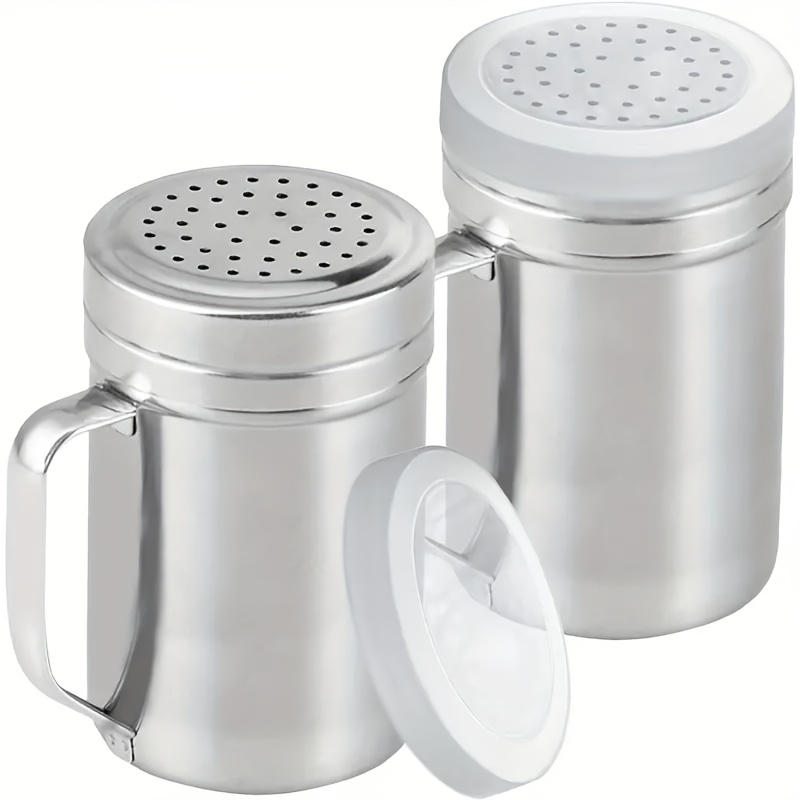 

1/2pcs Stainless Steel Salt And Pepper Shaker Set With Handle, 10 Ounce Seasoning Dispenser With Perforated Lid For Commercial, Kitchen, Outdoor Camping, Grilling