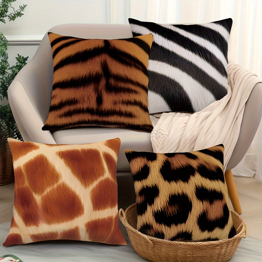 

4-piece Animal Print Throw Pillow Covers Set, Lightweight Polyester Fabric, Decorative Cushion Cases For Living Room, Sofa, Car, No Insert - Exotic Safari Patterns