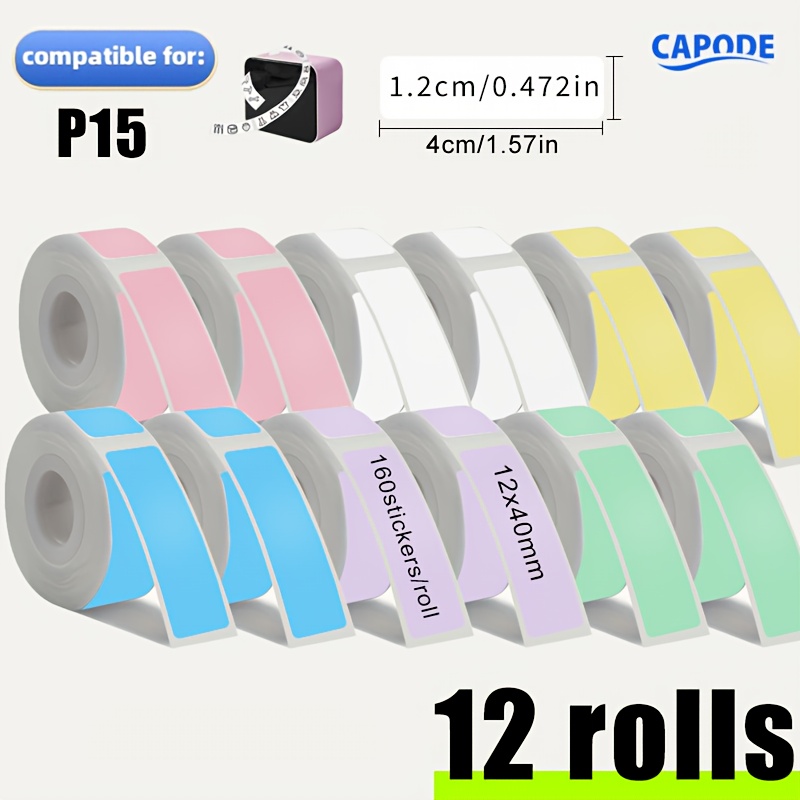 12 Rolls Of Color Stickers Suitable For P15, 12*40mm (0.472*1.57in) Continuous Paper, 160 Sheets Of White Per Roll, Compatible With P15, 2 Rolls Per Color