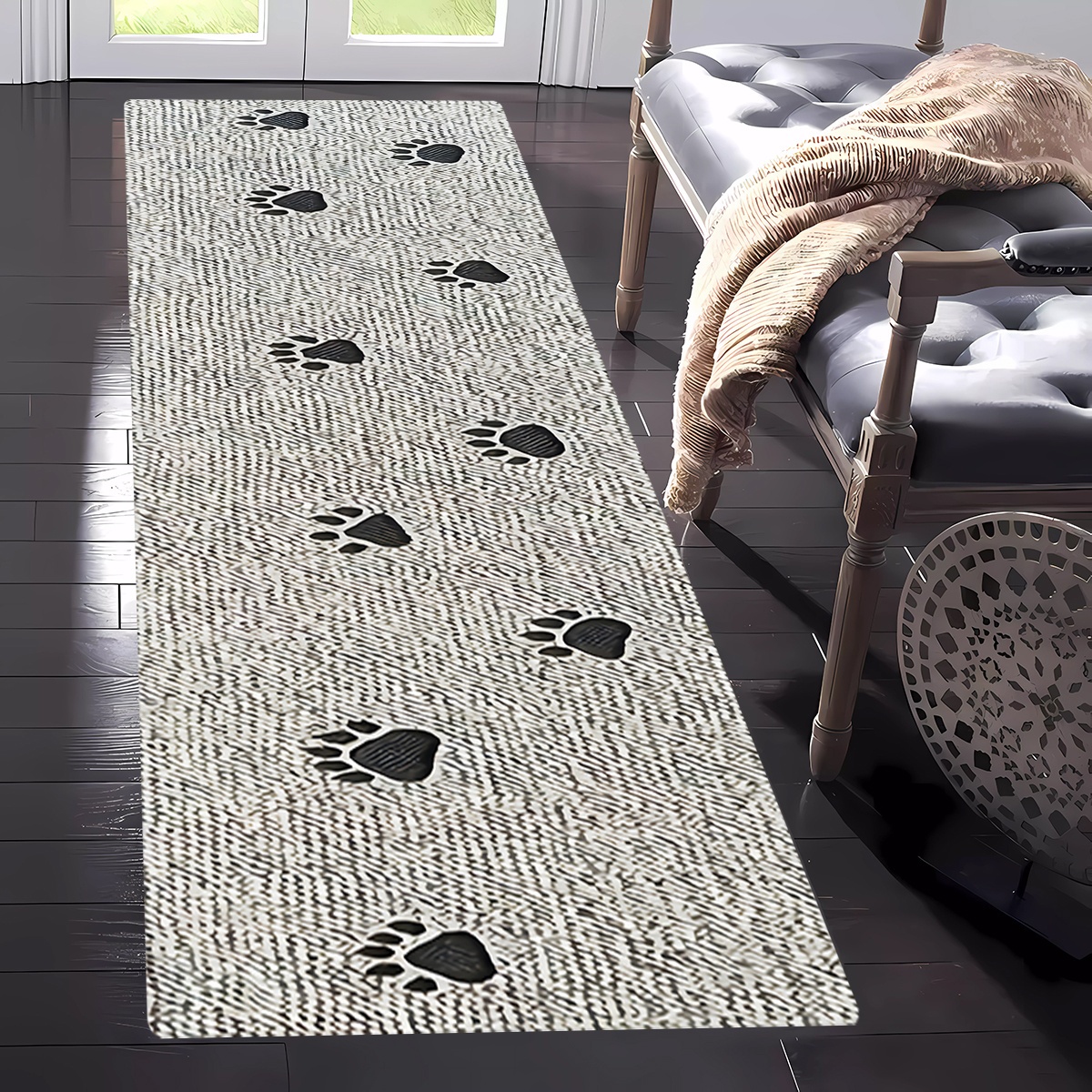 Image of 1pc Animal Paw Print Running Carpet - Water Machine Wash, Suitable For Kitchen, Living Room, , Laundry Room - Comfortable Grey Gradient Interior Mat, Bedside, Entrance Carpet