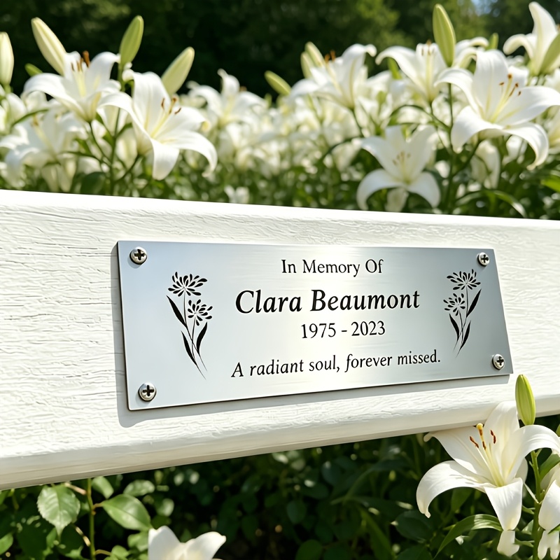 TEMU [2d Flat] 1pc Personalized Stainless Steel Floral Seat Plaque, Custom Memorial Plaque With Brushed Texture And Design, Suitable For Park Bench