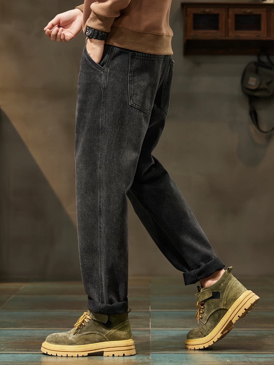 Men's High-Waist Loose Fit Black Denim Jeans - Straight Leg, Casual Street Style, Comfortable & Versatile for Casual Attire, Straight Leg Jeans, Highwaisted Pants, Trendy Streetwear, Washed Texture Denim, Solid Color Design