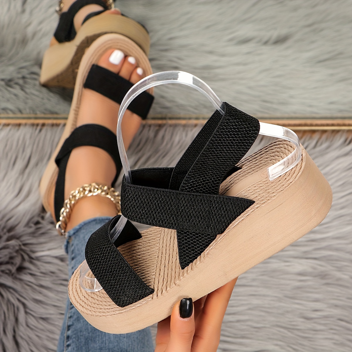 chic summer womens high heel sandals beige straw texture fabric open toe with ankle strap comfortable eva sole fashion wedge heels for beach and travel strappy sandals Product details 9