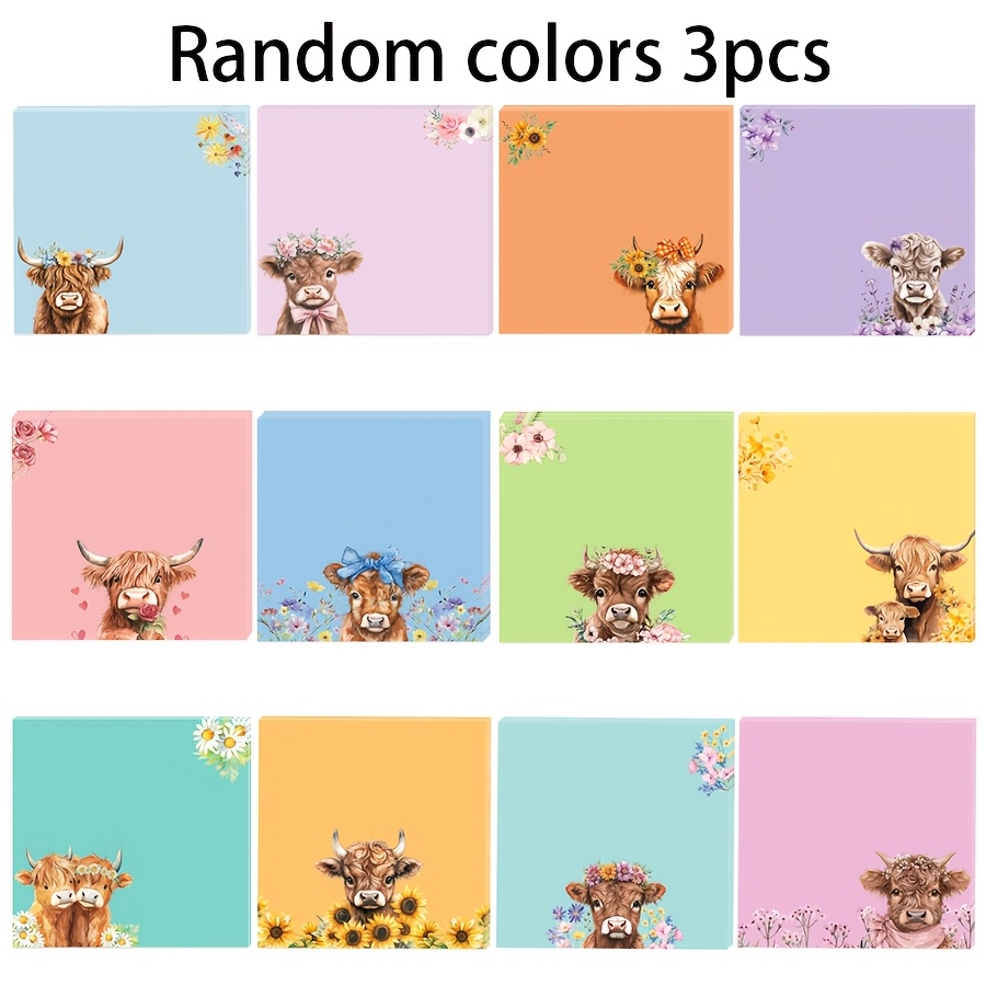 TEMU Lot de 3 blocs-notes autocollants Vache Highland, couleurs aléatoires, mignons blocs-mémos esthétiques 3x50 feuilles, fournitures de bureau et