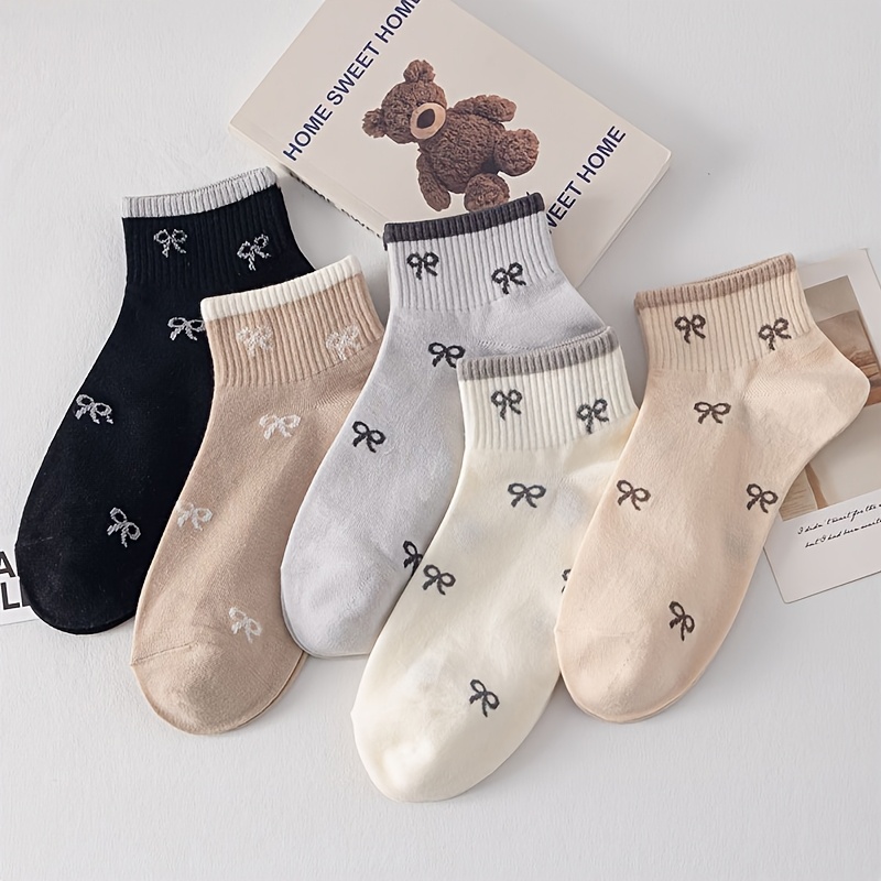 TEMU Five-pair Pack Women's Bow Short Ribbed Socks With Color , Comfortable And Breathable, Suitable For , Street Style, Sports, And Casual Wear