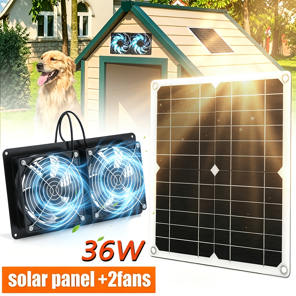 TEMU Solar Panel With Dual Fans, Outdoor Power Generation, 36w Solar Panel And Fan System, Ventilation For Chicken Coops, Pet Houses, ,