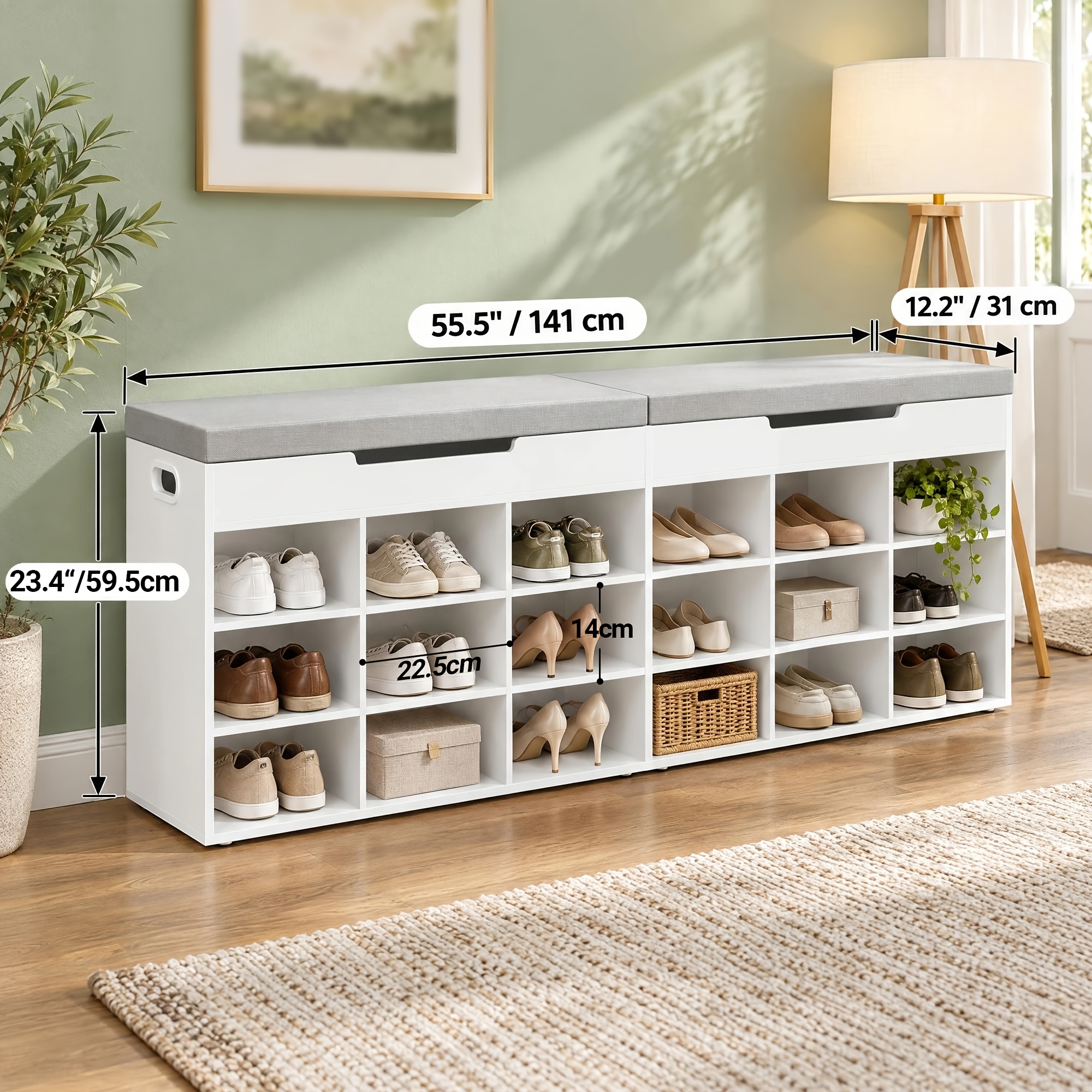 Image of White Multifunctional Shoe Bench, 18 Compartment Shoe Rack, Removable Shelves, Entryway And Living Room Storage Bench