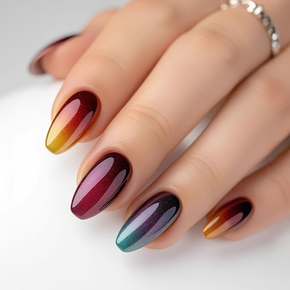 TEMU 24 uñas postizas medianas de ballet, parches de uñas postizas removibles y ponibles con degradado multicolor