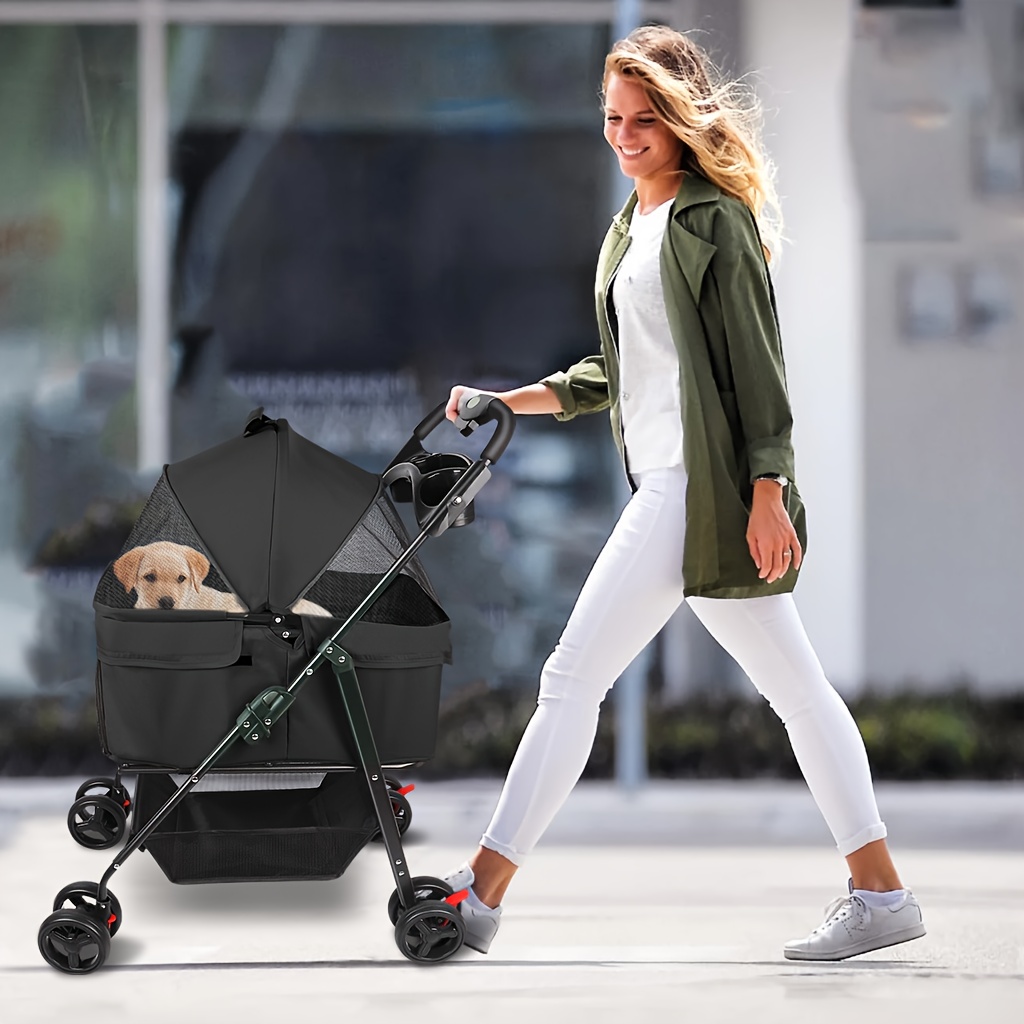 TEMU Dog Stroller, Cat Stroller, 4-wheel Pet Stroller, Stroller, One-button Folding Stroller, Dog Stroller With Removable Storage Basket, Cup Holder,