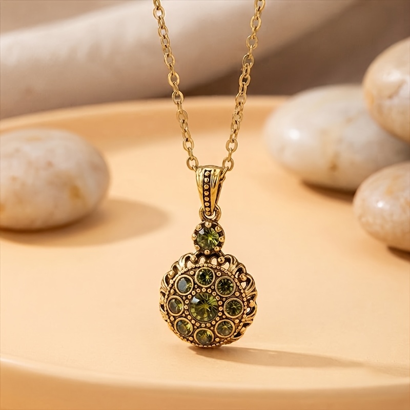 TEMU 1pc Vintage Bohemian Ethnic Style Women's Pendant Necklace - Hollow Carved Inlaid Round Synthetic Zirconia Design - Rustic Elegant Women's