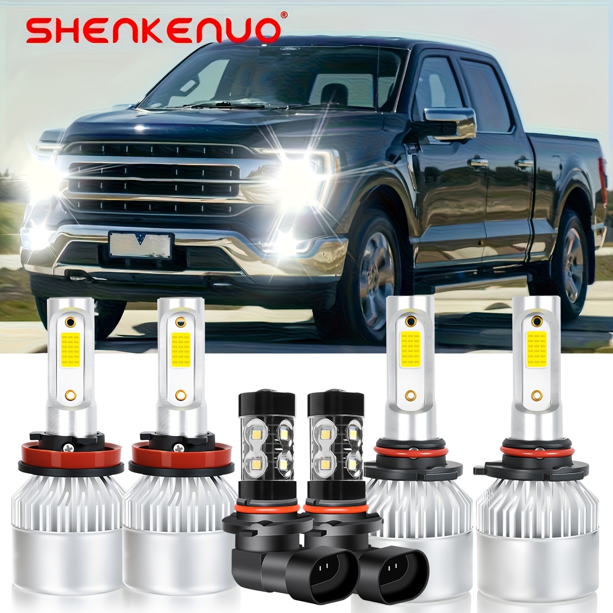 TEMU 6pcs Led Headlight Bulbs For Ford F150 2015-2023 | High Low Beam Fog Light Combo, 6000k Super , Plug And Play, 3000 , Aluminum Material, 9-36v Operating Voltage, Shenkenuo Brand, Without Battery