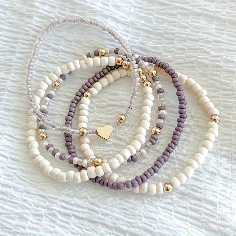 

-chic 5pcs Beaded Bracelet Set With Heart Charms - Handcrafted, Stacking Design For Women | Vacation & Music Festivals