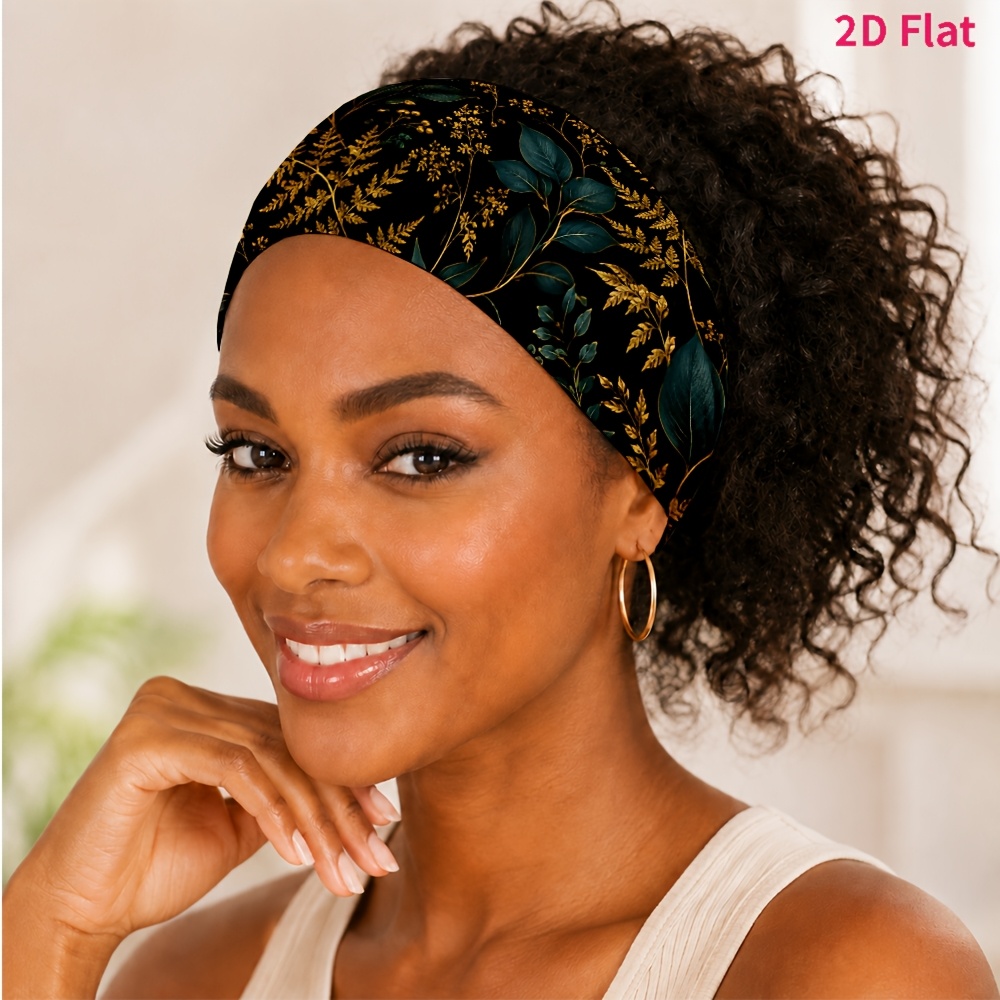 TEMU 2d Flat 1pc New Style Hair Band, Leaf And Plant Print Pattern, Suitable For Yoga/fitness/daily /skincare, Photo /outing, Easy And Elegant,