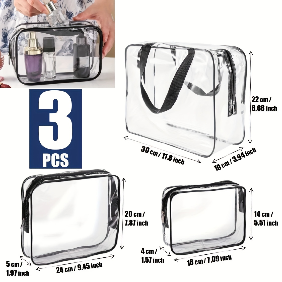 TEMU Premium 3pack Clear Cosmetic Storage Organizer Bags Travel Toiletry Bags Zipper Makeup Transparent Bags, Travel Luggage Storage Accessories.