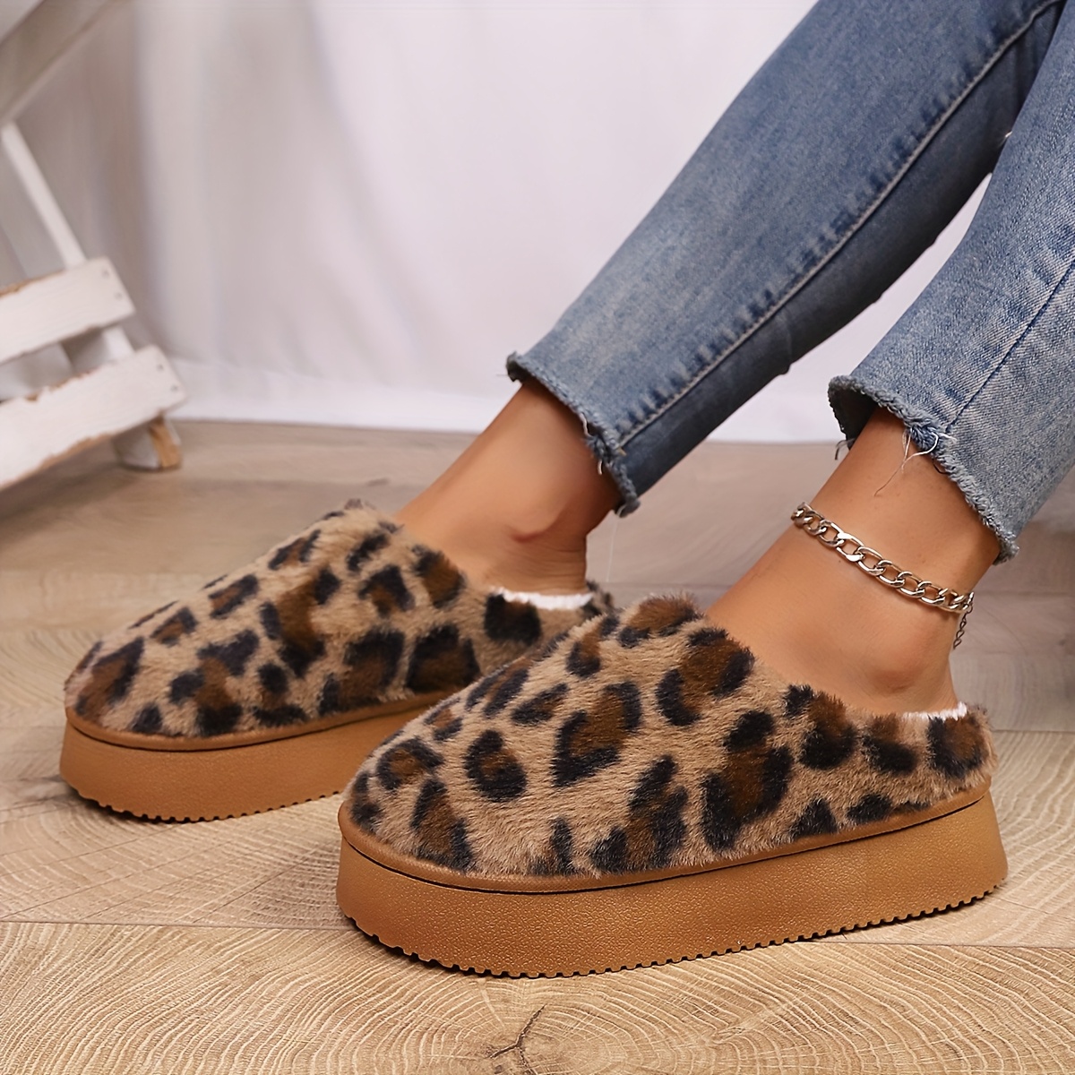 Image of Women's Leopard Print Fuzzy Slippers Fur House Shoes, Soft Pvc Sole, Warm Indoor Winter Slides, Women Shoes