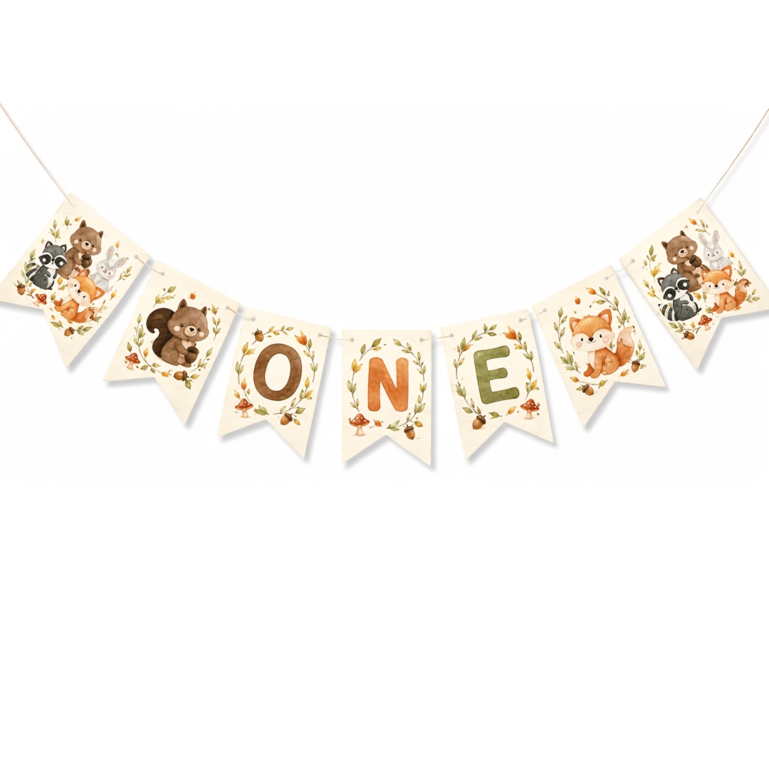 TEMU A Set Of Watercolor Forest Animals 1 Letter Banner Featuring Fox, Squirrel, Raccoon, Rabbit, Mushroom, , Twigs, And Leaves Patterns, A Birthday