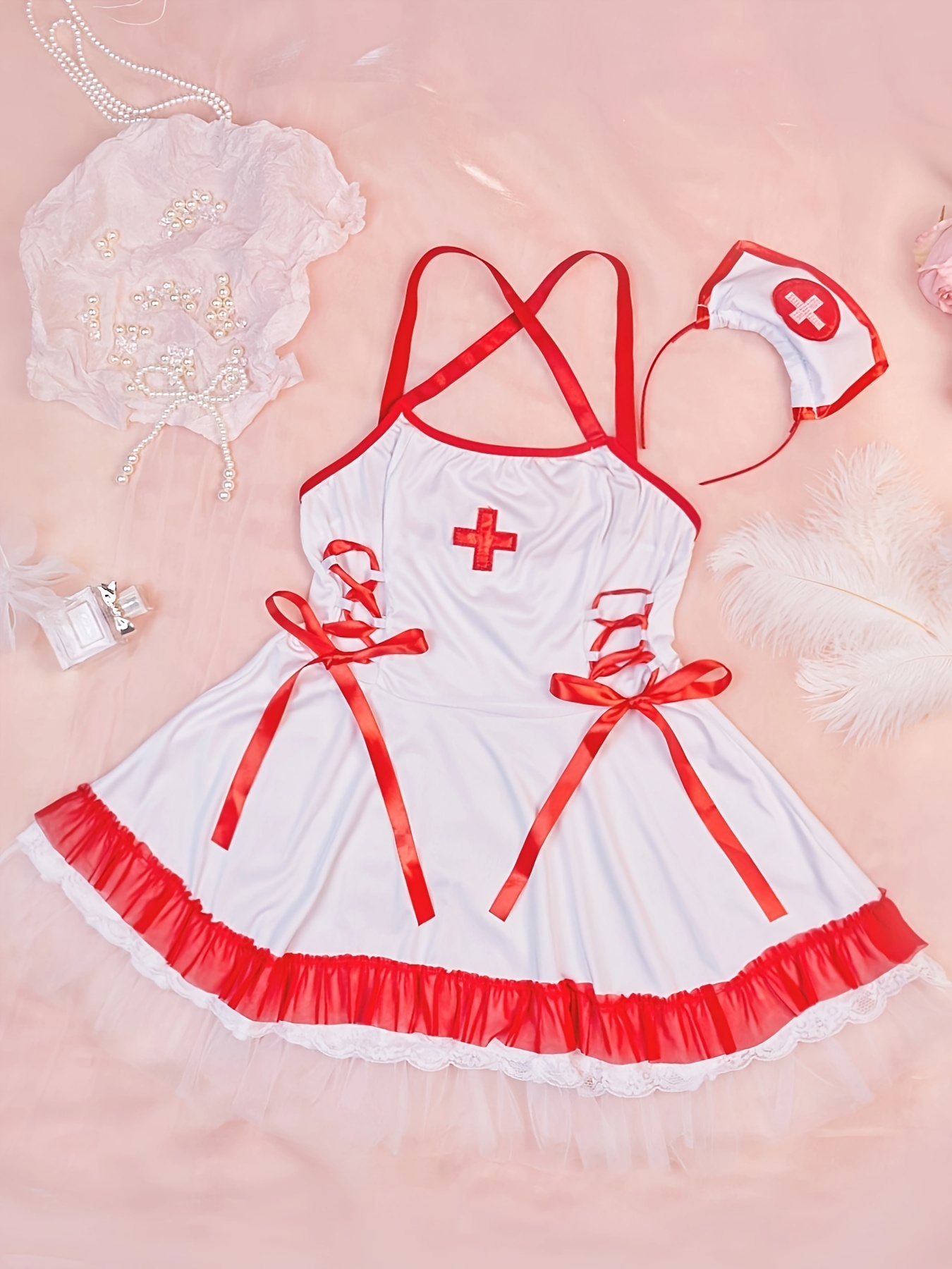 Sexy Nurse Cosplay Costume Cross Strap Halter Bow Decor Lace - Temu