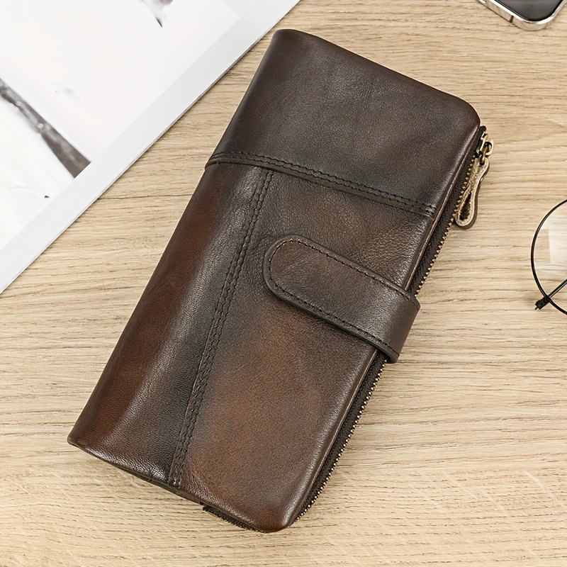 

1pc Men's Retro Genuine Leather Card Holder, Zipper Coin Purse, Large Capacity Long Cowhide Wallet