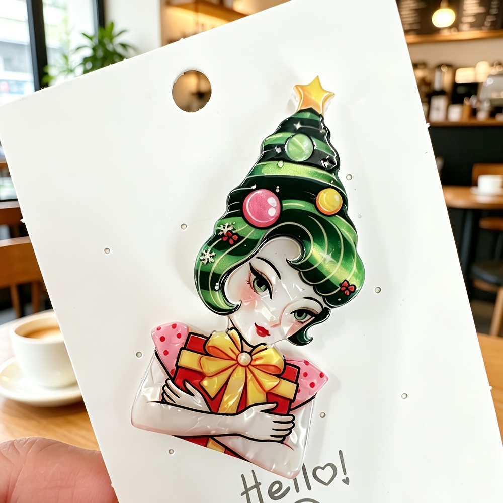 TEMU 1pc Christmas Retro Christmas Tree Hair Style Acrylic Brooch Cute Kitten Shaped Pin