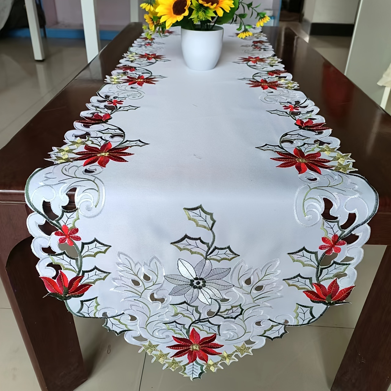 

1pc, Polyester Table Runner, Christmas Hollowed Out Embroidered Tablecloths, Table Flags, Family Gatherings, Table Decorations