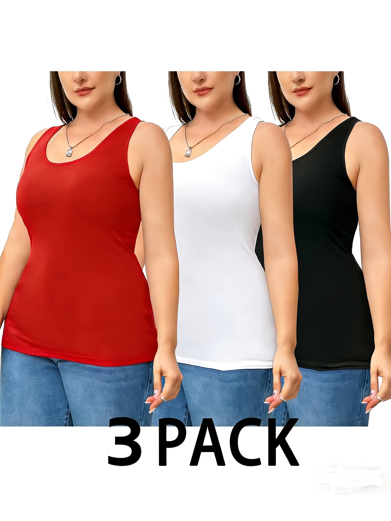 plus size 3 pack womens plus size tank tops stretchy soft   layering essentials in black white gray non see through basic tops for casual formal outfits