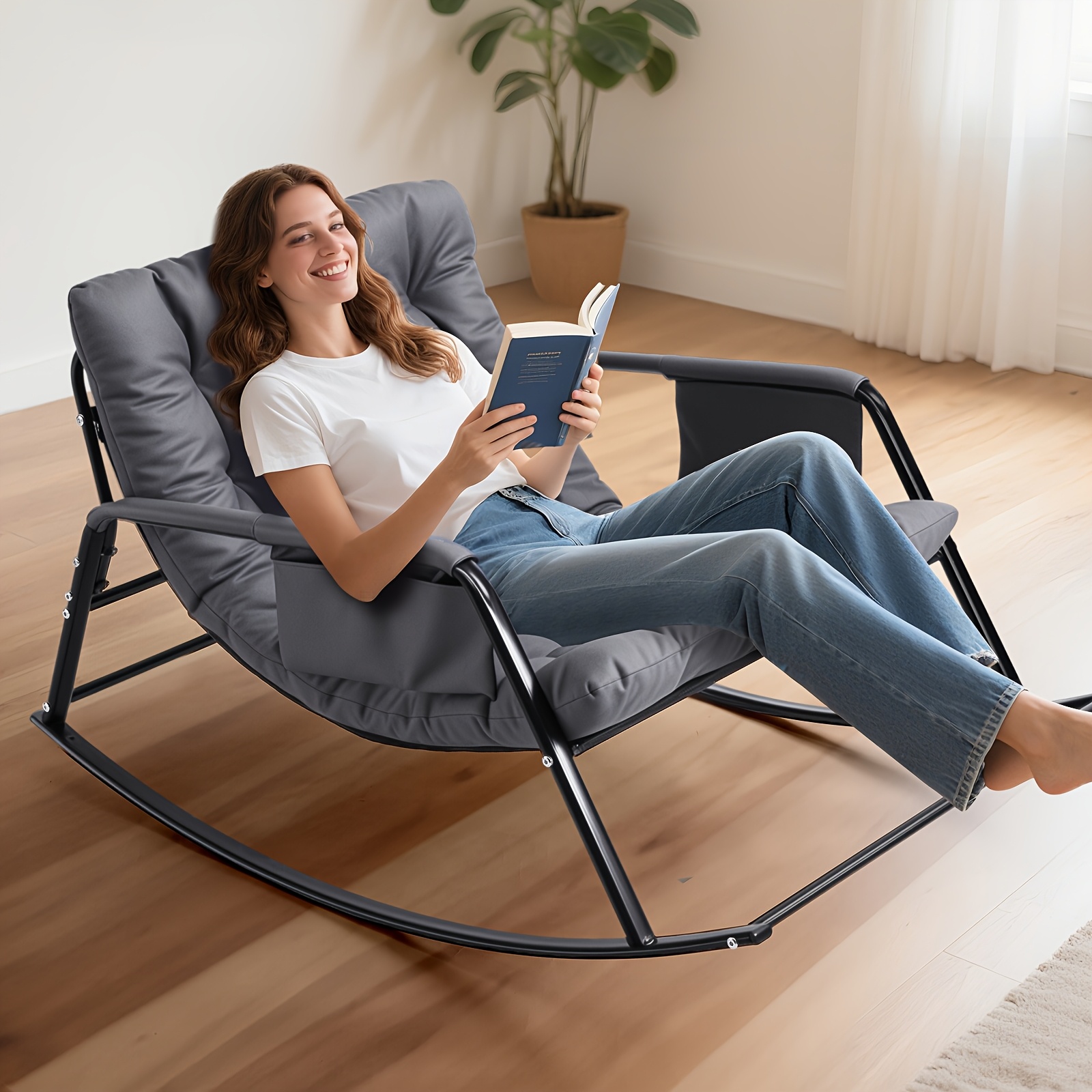 Luxury Comfy Outdoor Chair - Ergonomic Rocking Lounger With Cushioned Armrests, Black Weather-resistant Metal Frame, -, Cylindrical Design For Garden, Patio And Courtyard Relaxation