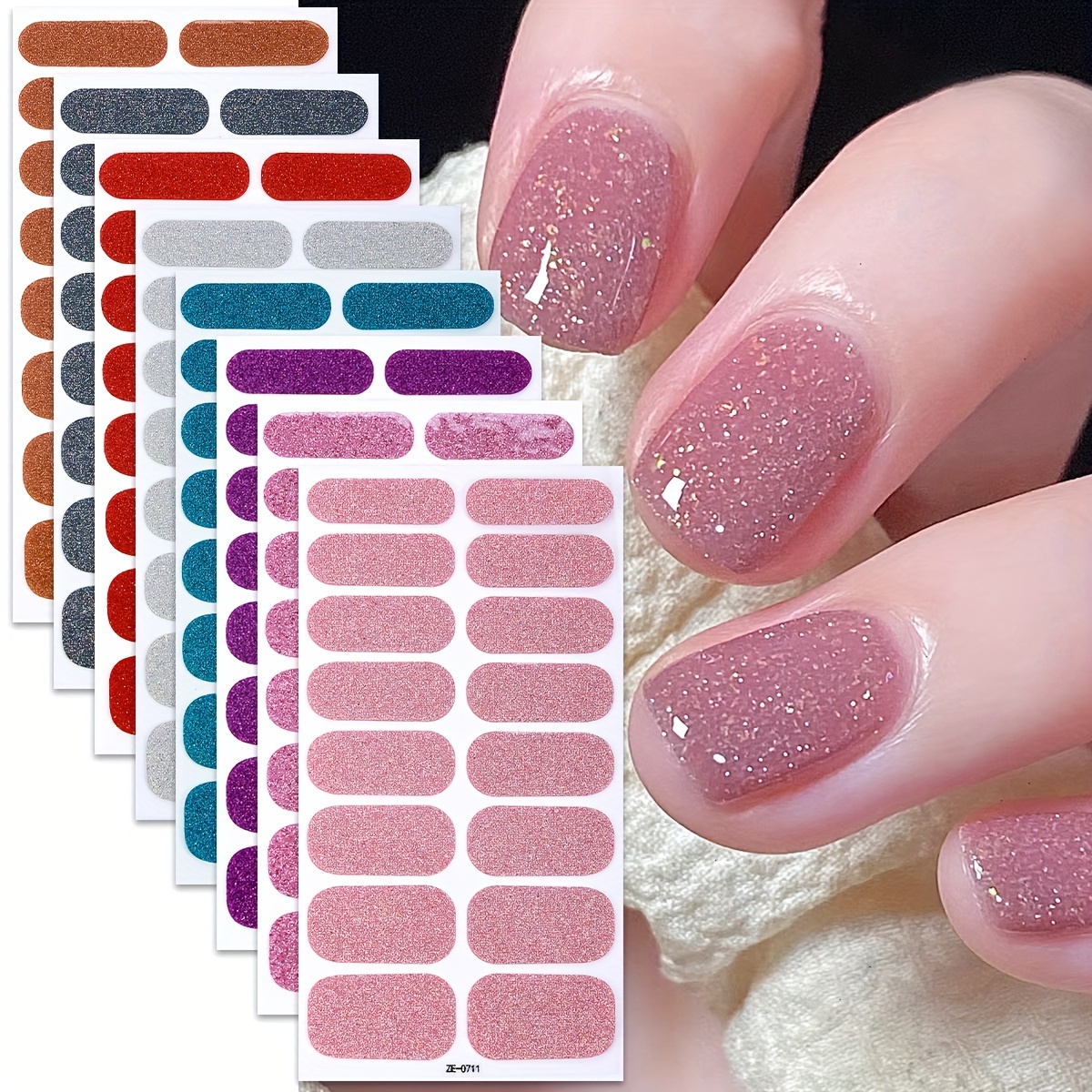 [8 Sheets Nail Wraps Polish] 8 Sheets Nail Full Wraps Nail Polish Strips, Pink Nail Glitter Self-Adhesive Gel Nail Stickers, Suitable for Women's Home DIY Self-use Nail Art Supplies Nail Art Kit