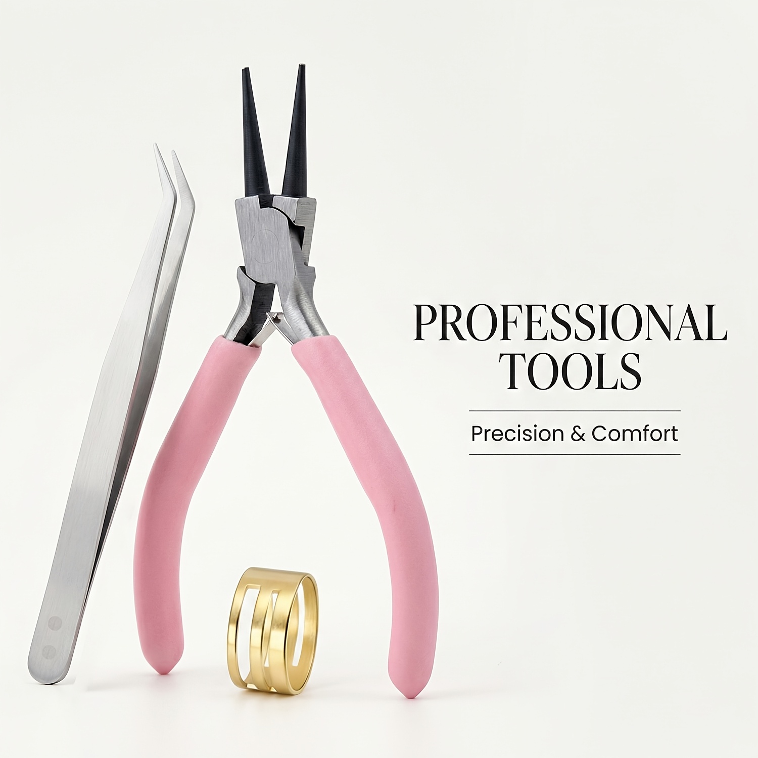 TEMU 3pcs Jewelry Making Tool Set With Pink Round Nose Pliers Curved Tweezers And Golden Jump Ring Opener For Beading Wire Wrapping And Jewelry