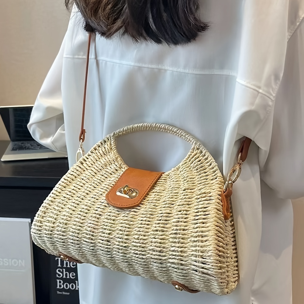 

Summer Vacation Beach Bag For Women Straw Bag Rattan Hobo Purse Lady's Big Round Handle Clutch Bag
