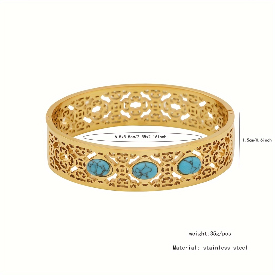 vintage style 18k golden plated stainless steel bracelet with turquoise inlay hollow   for women   jewelry   valentines day gift 1pc details 1