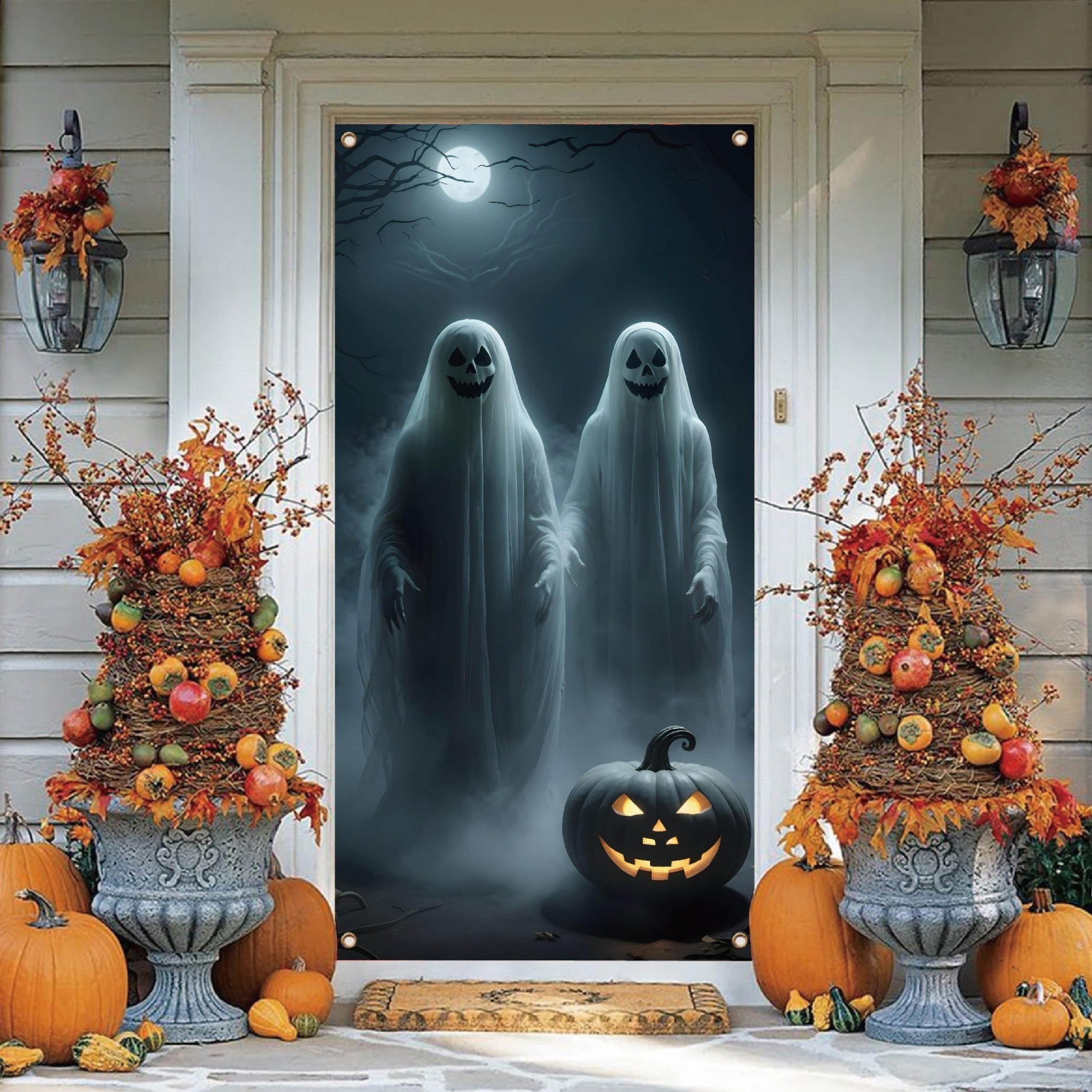 

Spooky Halloween Door Banner - , White & Jack-o'-lantern Design, Polyester, Indoor/outdoor Porch Decor, 35.4x70.8 Inches