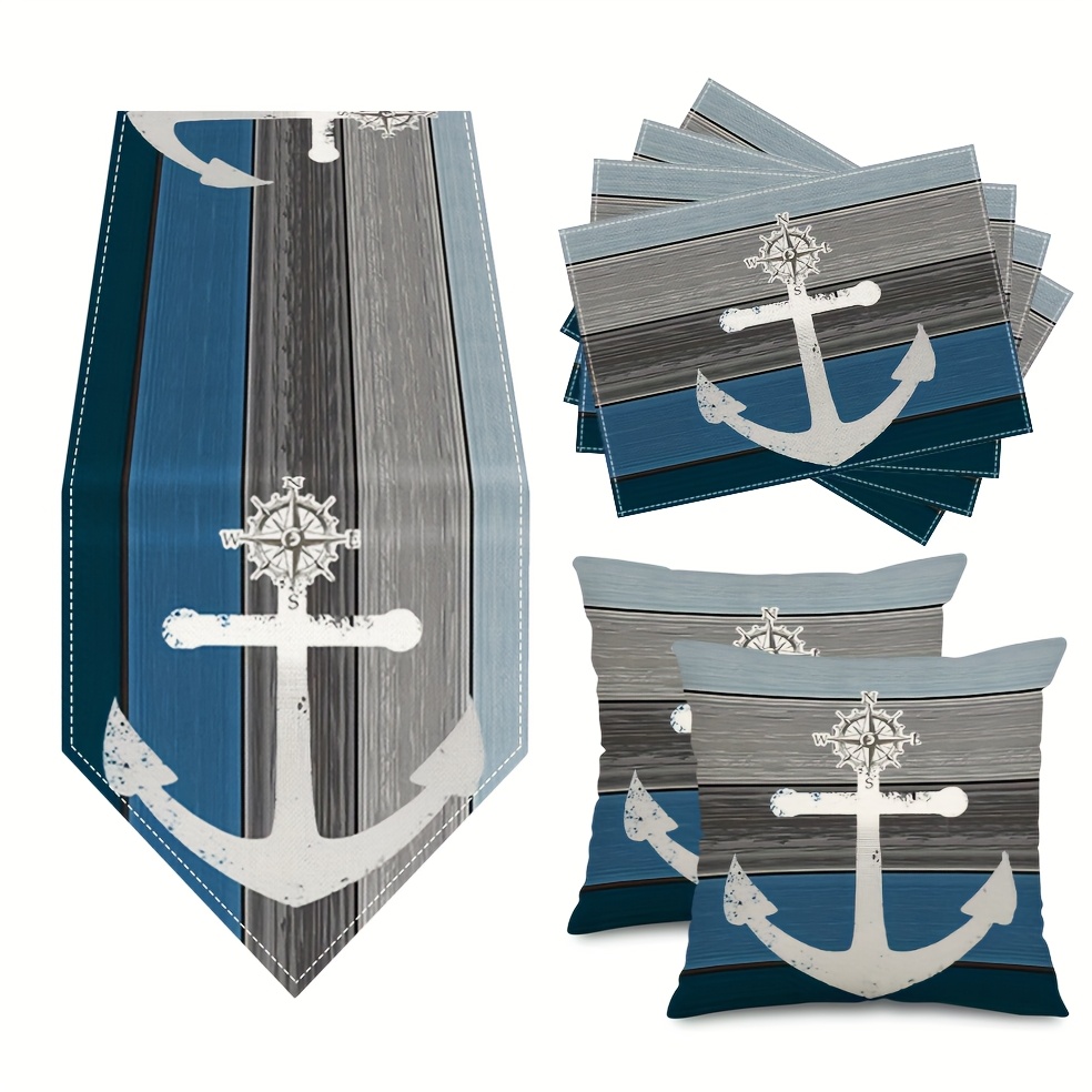 E-shop 7-teiliger Leinen Marine Streifen Vintage Holzmaserung Grau und Blau Tischläufer, Wurfkissenbezüge und Tischsets, Familienfestliche Atmosphäre