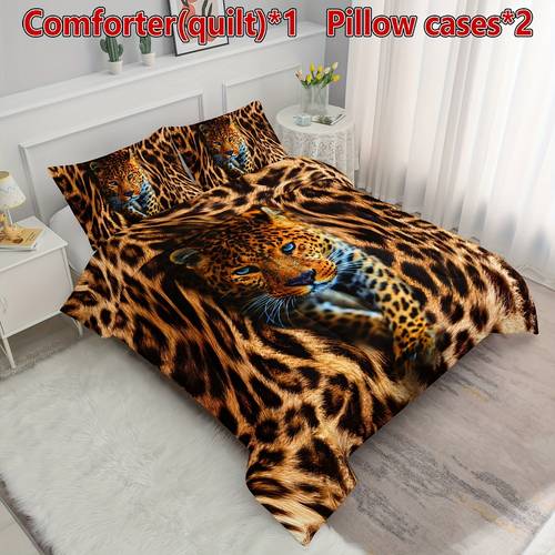 leopard bedding comforter set 3d grain printed pattern quilt with 1 and 2 pillowcases for bedroom