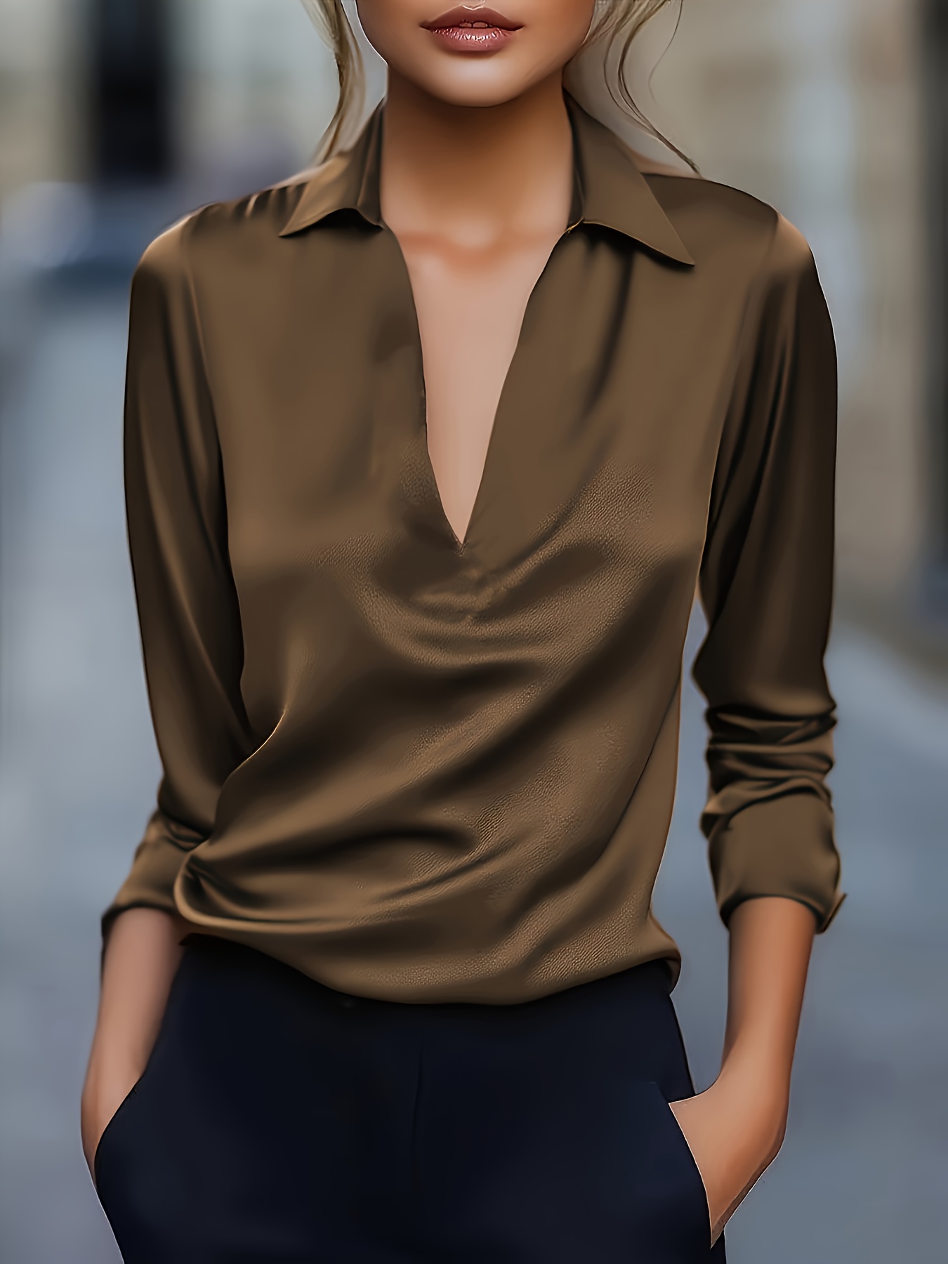 A Solid Color V Neck Blouse Satin Exuding