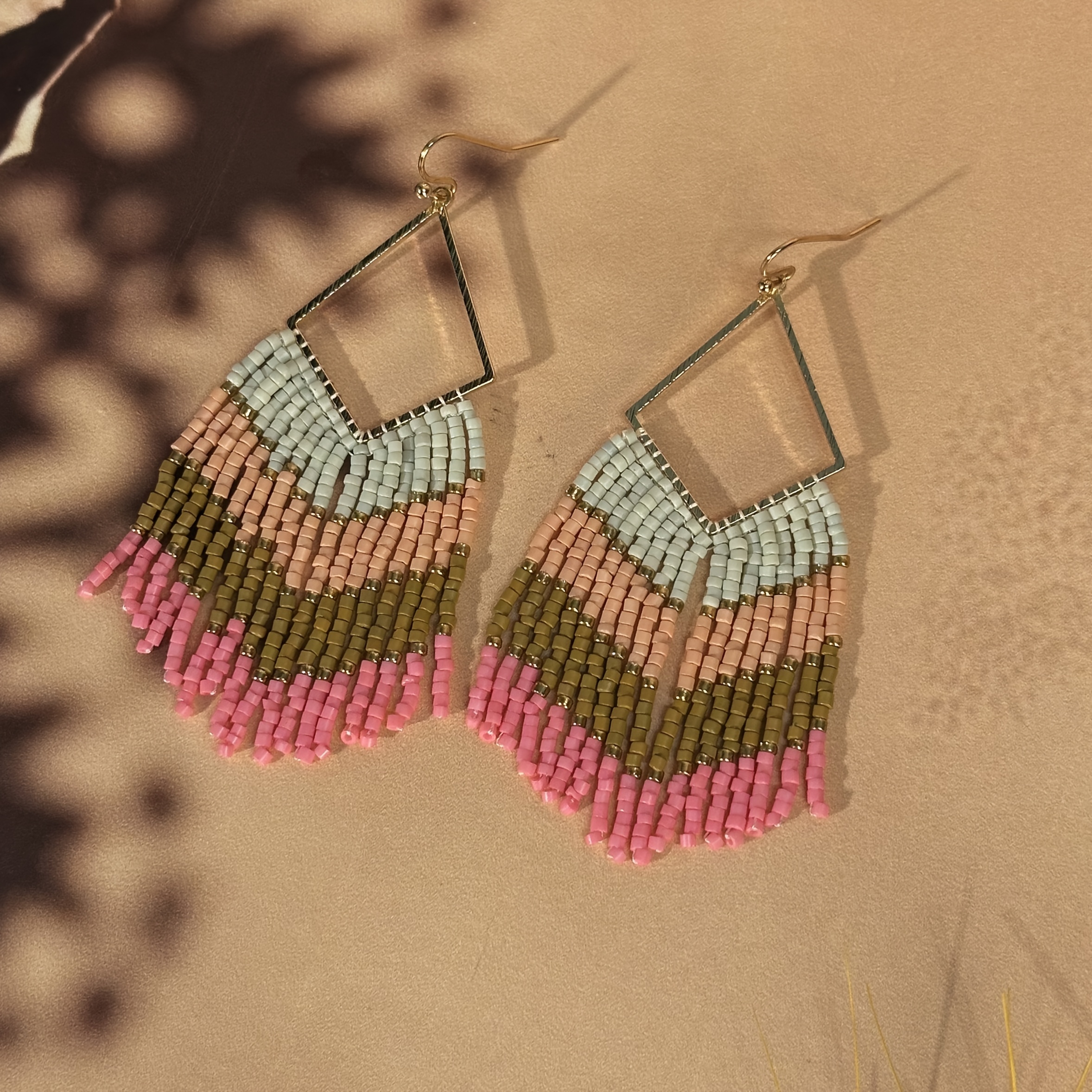Women's Handmade Beaded Tassel Earrings, Rhombus Frame