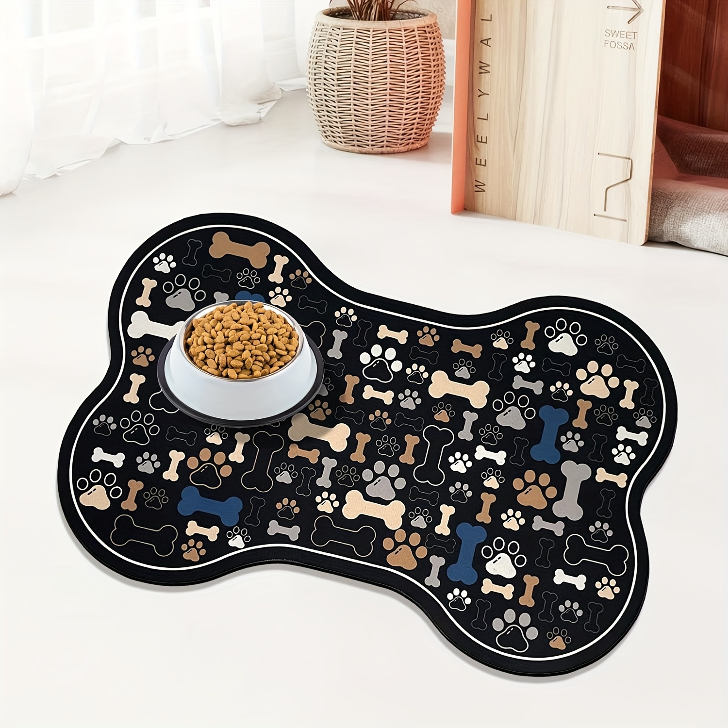 TEMU Non-slip Quick-dry Geometric Fishbone Paw Print Dog Feeding Mat - Durable Polyester Pet Food And Water Bowl Pad For Small To Medium Dogs,