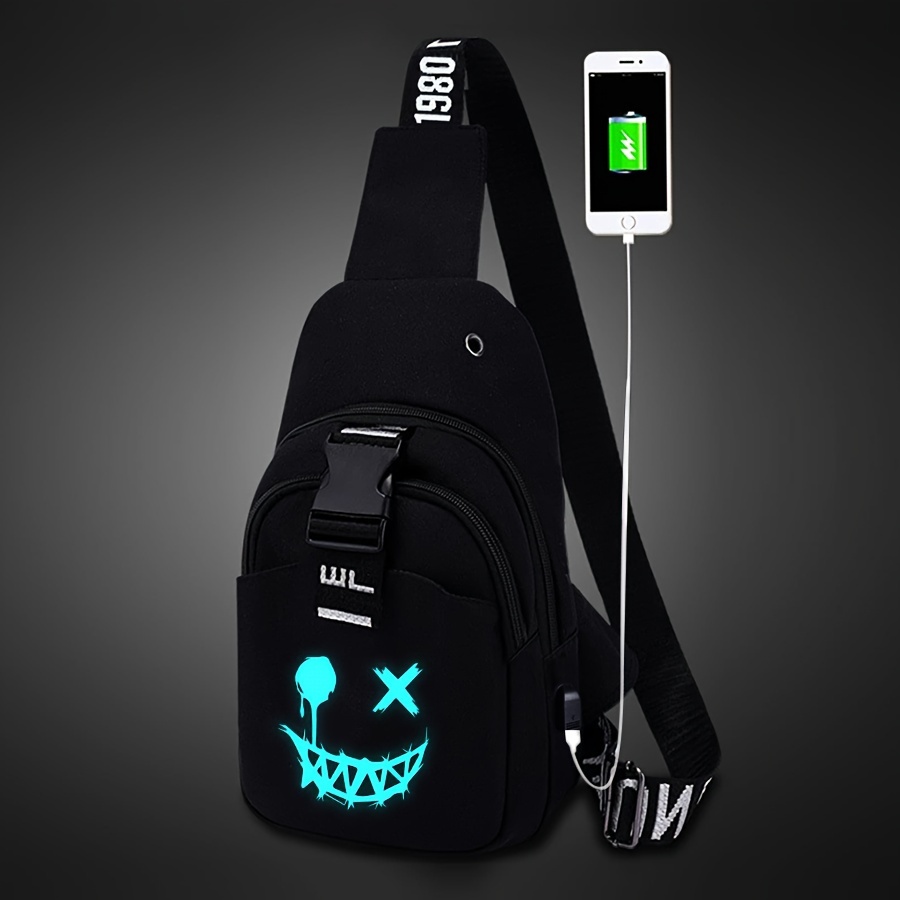 

Night Sports Bag Oxford Cloth Men's Chest Bag With Trendy Luminous Pattern, Campus Slant Shoulder Bag With Buckle Strap & Usb Charging Port