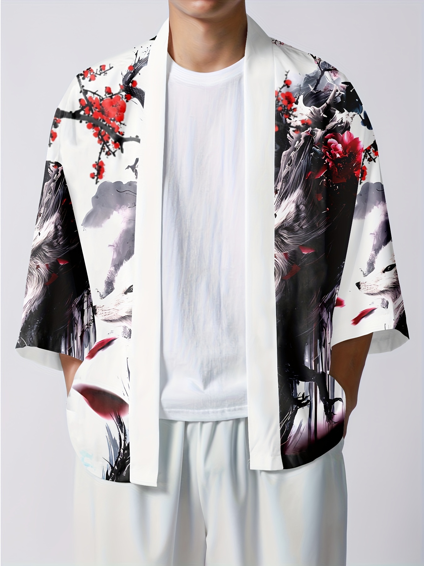 Men's Two Piece Outfits Silky Satin Rose Printed Open Front Kimono