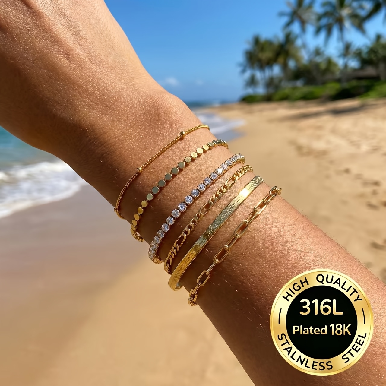 TEMU 6pcs Set 18k Gold-plated Stackable Bracelet Set, 316l Stainless Steel Rust-proof And Waterproof Jewelry, Exquisite Layered Herringbone Mesh