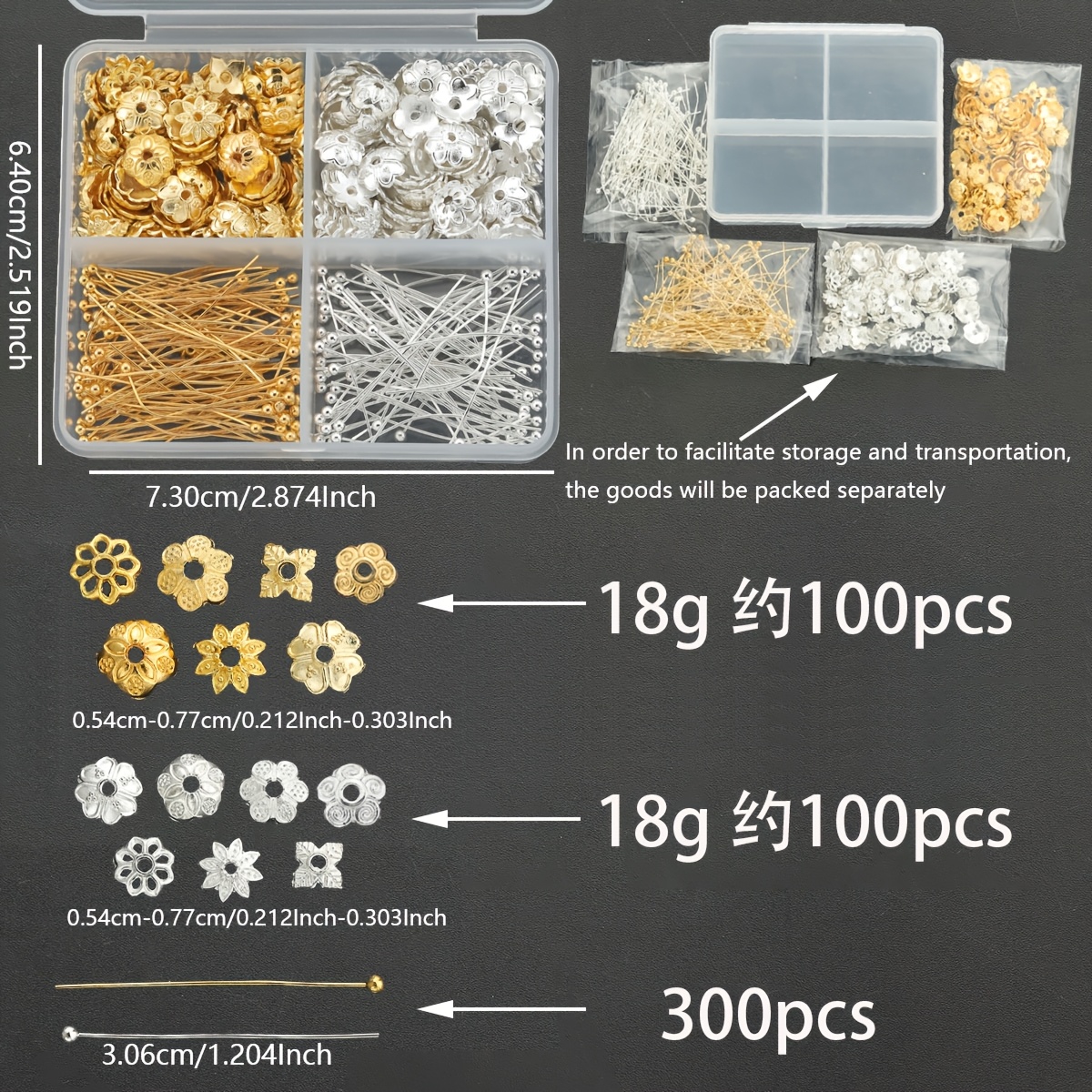 E-shop 500 Stk./Box Schmuckherstellungsset, inklusive 200 Stk. (36G) zufällige gemischte Perlenkappen und 300 Stk. Perlenstifte, Spacer-Perlen,