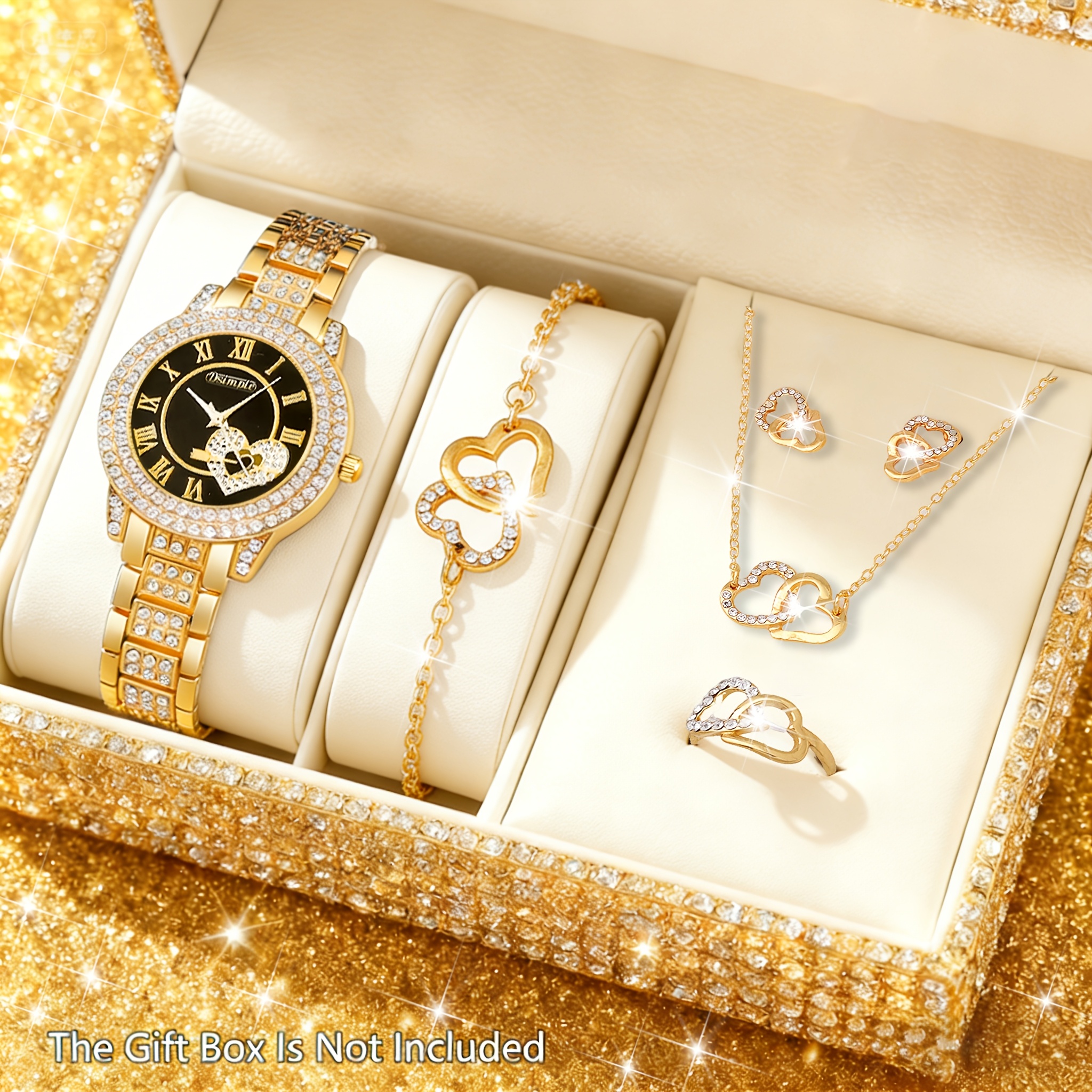 6Pcs Set Luxurious Rose Gold Tone Quartz Watch Jewelry