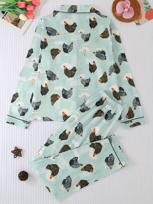 a two piece set of womens pajamas featuring a cute chicken print consisting of a long sleeve button up shirt with a collar and loose elastic long pants casual outdoor wear or lounging suitable for spring and autumn
