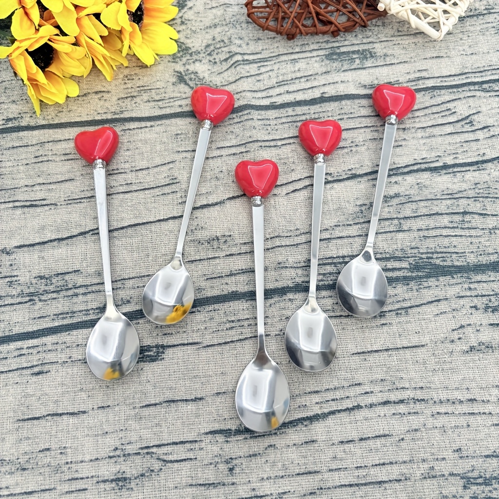 TEMU 5pcs Heart-shaped Handle Stainless Steel Dessert Spoons, Colorful , Ideal For Stirring Coffee, Ice Cream, And Drinks, Polished Surface Tableware