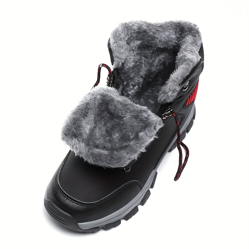 Botte d'Hiver de Haute Qualité pour Hommes avec Doublure en Fourrure, Chaussures de Randonnée Antidérapantes pour Temps Froid, Noires avec Accents Rouges/Bleus, Conception à Lacets, Semelle en Caoutchouc, Parfaites pour le Trekkings et l'Alpinisme, Équipement Extérieur pour le Froid | Botte Classique à Lacets | Chaussures de Neige Durables