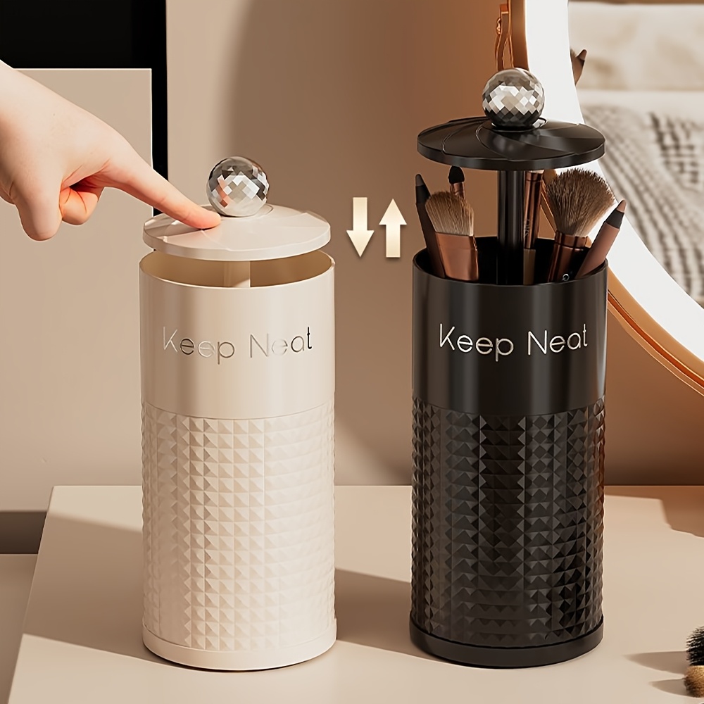 1pc automatic   up cosmetic organizer with dust proof lid durable plastic makeup brush holder for vanity bathroom countertop black white brush storage tubes no power needed makeup vanity desk   sturdy construction beauty enthusiasts   easy to   organizers Product details 0