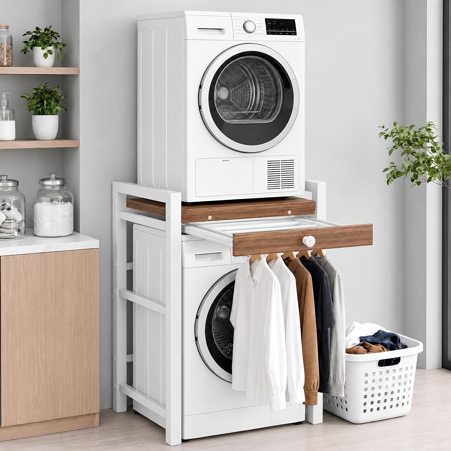 TEMU Washer-dryer Stand With Drawer, Washer-dryer Shelf Unit, Washing Machine Shelf, Washer-dryer Divider, 350kg Load Capacity, 75x65x104cm, Standing