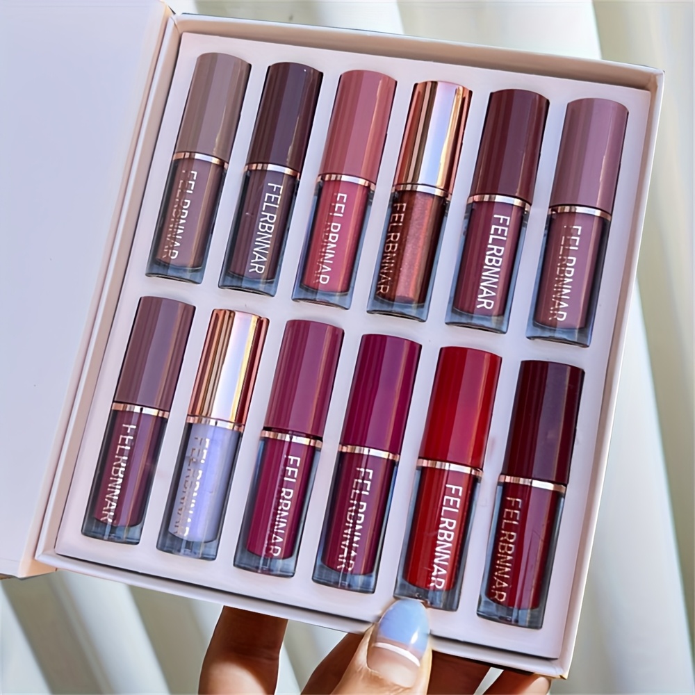 12pcs Velvet Matte Liquid Lipstick Set, Waterproof Long Lasting Quick-drying Non-Stick Cup Nude Lip Stain Kit, Up to 24H Wear, Lip Makeup Gift Kit for Women