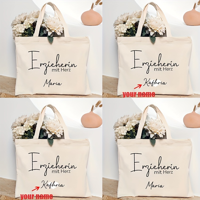 

1pc Personalized Jute Tote Bag With - Custom Name "ergiehrin" & "maria" - Stylish Beige Shoulder Bag For Women, Reusable Shopping & Travel Bag, Perfect Teacher Appreciation Or Farewell Gift