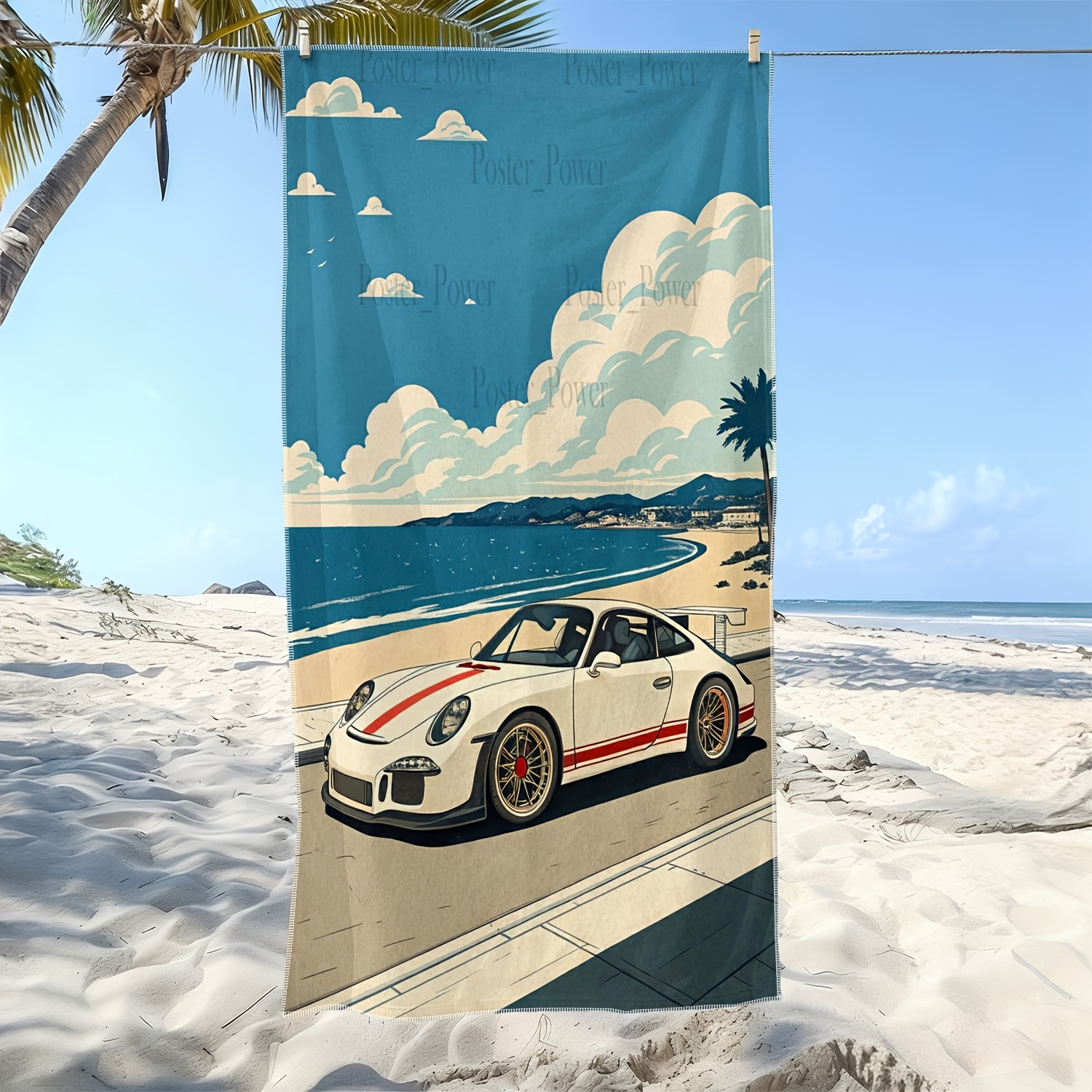 TEMU 1pc, Serviette de plage douce à motif d'impression plate 2D de voiture de sport rétro et de paysage côtier, serviette de bain en microfibre, à